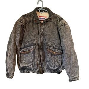 Vintage America Large Acid Wash Black Gray Cotton Leather Zip Winter Bomber